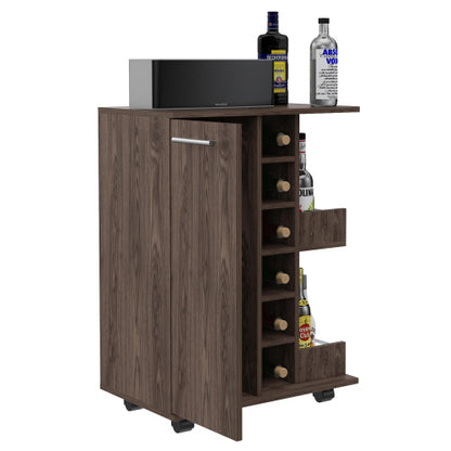 Bar Cart, One Cabinet With Division, Six Cubbies For Liquor, Two Shelves