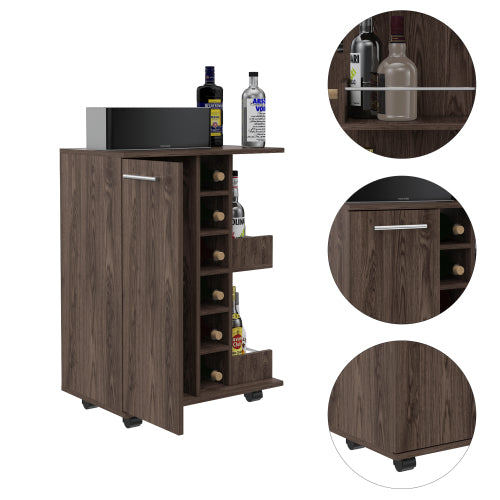 Bar Cart, One Cabinet With Division, Six Cubbies For Liquor, Two Shelves