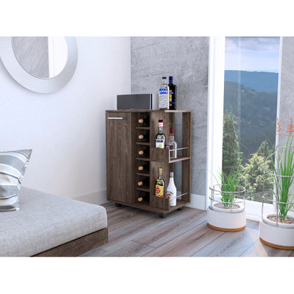 Bar Cart, One Cabinet With Division, Six Cubbies For Liquor, Two Shelves