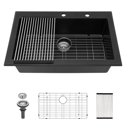 Quartz Kitchen Sink - 33"x22"x9.65" Black granite composite Drop in kitchen sink