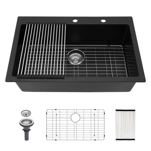 Quartz Kitchen Sink - 33" x 22" x 9.65" Black granite composite Drop in kitchen sink