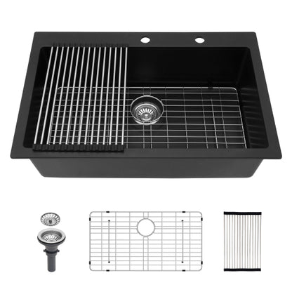 Quartz Kitchen Sink - 33" x 22" x 9.65" Black granite composite Drop in kitchen sink