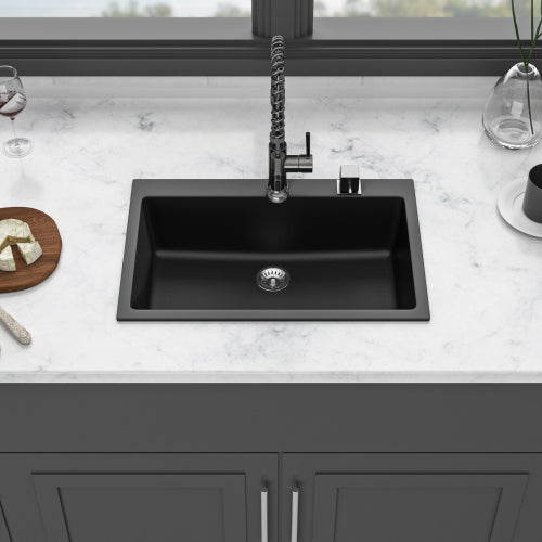 Quartz Kitchen Sink - 33" x 22" x 9.65" Black granite composite Drop in kitchen sink