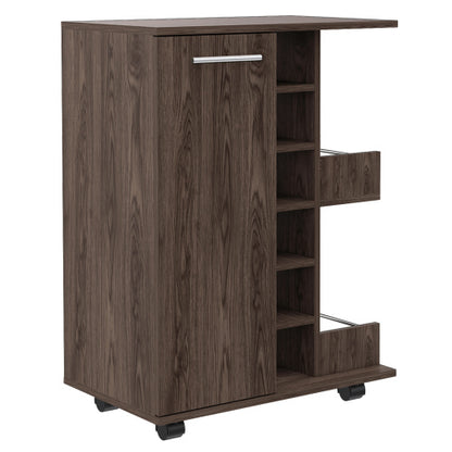 Bar Cart, One Cabinet With Division, Six Cubbies For Liquor, Two Shelves