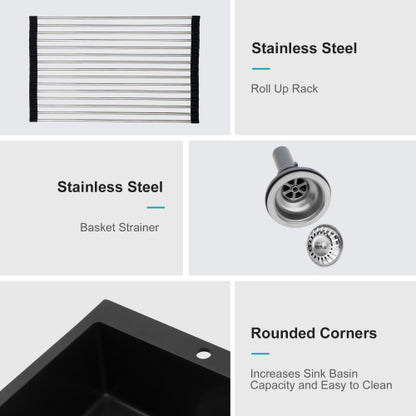 Quartz Kitchen Sink - 33" x 22" x 9.65" Black granite composite Drop in kitchen sink