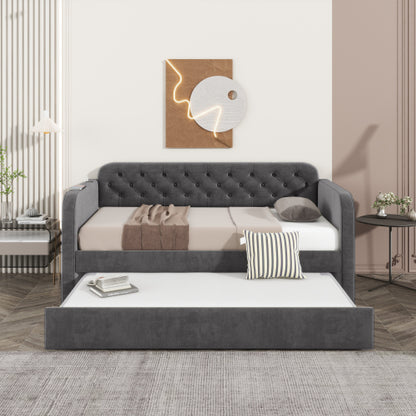 Twin Size Upholstered Daybed with Trundle and USB Charging Design, Velvet Upholstered Daybed Frame, Twin Sofa Bed for Living Room Bedroom, No Box Spring Needed,Plush velvet fabric dark grey 18