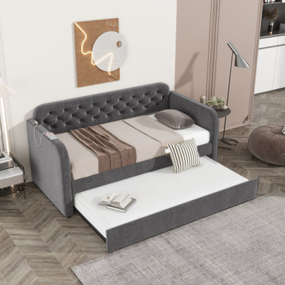 Twin Size Upholstered Daybed with Trundle and USB Charging Design, Velvet Upholstered Daybed Frame, Twin Sofa Bed for Living Room Bedroom, No Box Spring Needed,Plush velvet fabric dark grey 18