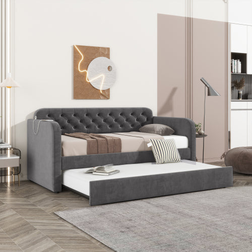 Twin Size Upholstered Daybed with Trundle and USB Charging Design, Velvet Upholstered Daybed Frame, Twin Sofa Bed for Living Room Bedroom, No Box Spring Needed,Plush velvet fabric dark grey 18