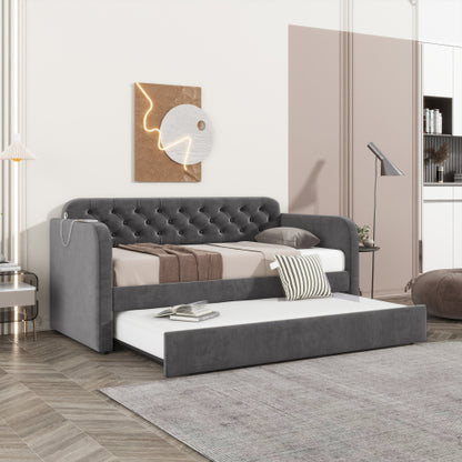 Twin Size Upholstered Daybed with Trundle and USB Charging Design, Velvet Upholstered Daybed Frame, Twin Sofa Bed for Living Room Bedroom, No Box Spring Needed,Plush velvet fabric dark grey 18