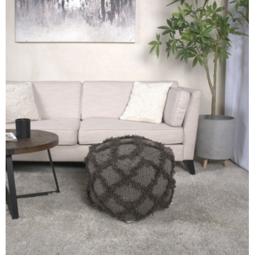 Brown Handcrafted Wool Cotton Square Ottoman Pouf, Indoor Decor Floor Foot Stool 16x16 Inches