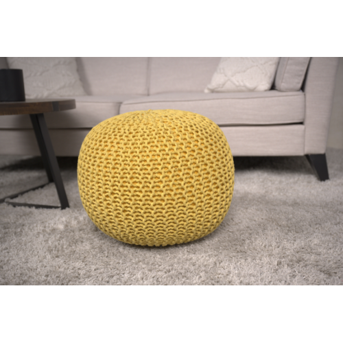 Round Ottoman Pouf with Knitted Cotton Cover, Yellow Floor Cushion