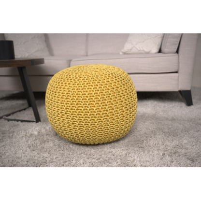 Round Ottoman Pouf with Knitted Cotton Cover, Yellow Floor Cushion
