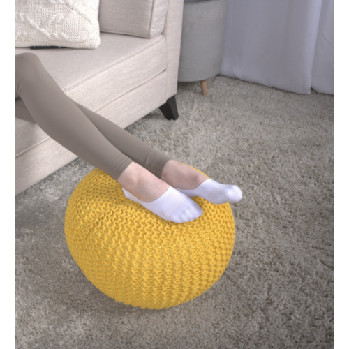 Round Ottoman Pouf with Knitted Cotton Cover, Yellow Floor Cushion