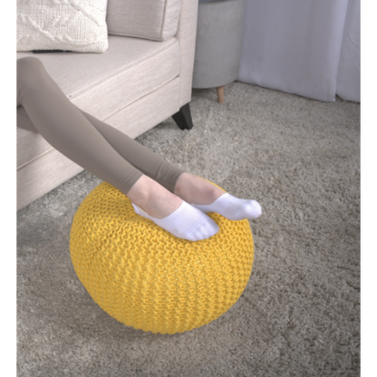 Round Ottoman Pouf with Knitted Cotton Cover, Yellow Floor Cushion