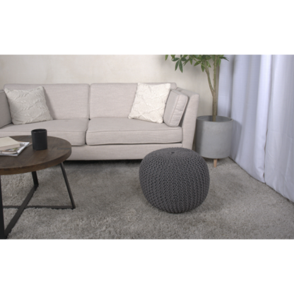 Gray Knitted Cotton Round Pouf Ottoman, 200 LBS Polystyrene Bead Floor Cushion Decorative Footrest
