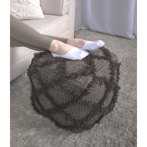 Brown Handcrafted Wool Cotton Square Ottoman Pouf, Indoor Decor Floor Foot Stool 16x16 Inches
