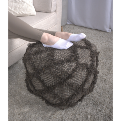 Brown Handcrafted Wool Cotton Square Ottoman Pouf, Indoor Decor Floor Foot Stool 16x16 Inches