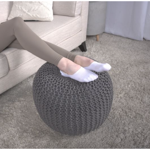 Gray Knitted Cotton Round Pouf Ottoman, 200 LBS Polystyrene Bead Floor Cushion Decorative Footrest
