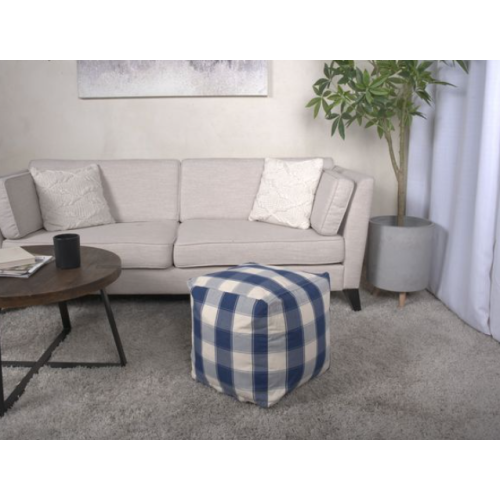 Ivory & Navy Checkered Square Pouf Ottoman 16 inch, Polystyrene Bead Floor Seat, 200 LBS Weight Limit