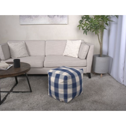 Ivory & Navy Checkered Square Pouf Ottoman 16 inch, Polystyrene Bead Floor Seat, 200 LBS Weight Limit