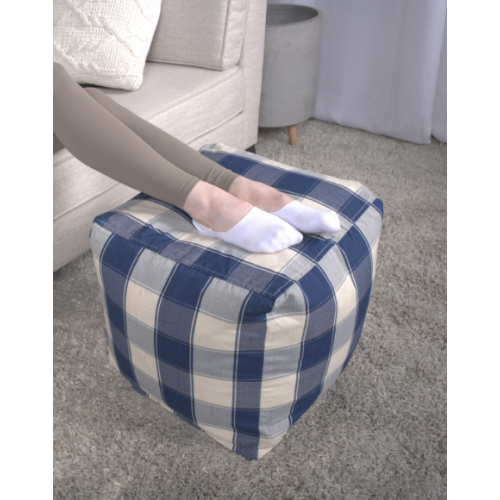 Ivory & Navy Checkered Square Pouf Ottoman 16 inch, Polystyrene Bead Floor Seat, 200 LBS Weight Limit