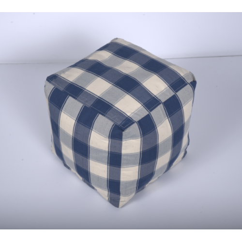 Ivory & Navy Checkered Square Pouf Ottoman 16 inch, Polystyrene Bead Floor Seat, 200 LBS Weight Limit