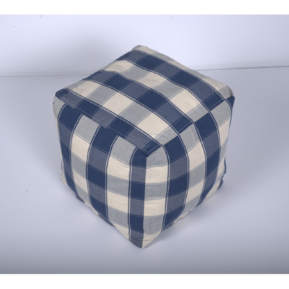 Ivory & Navy Checkered Square Pouf Ottoman 16 inch, Polystyrene Bead Floor Seat, 200 LBS Weight Limit