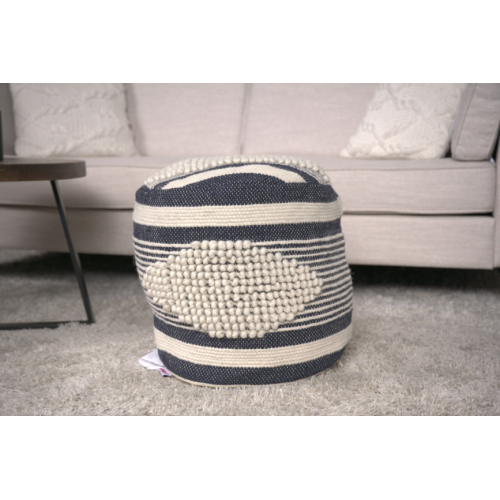 Beige & Dark Grey Cylindrical Handcrafted Ottoman Pouf, Wool Cotton Blend Foot Stool for Living Room