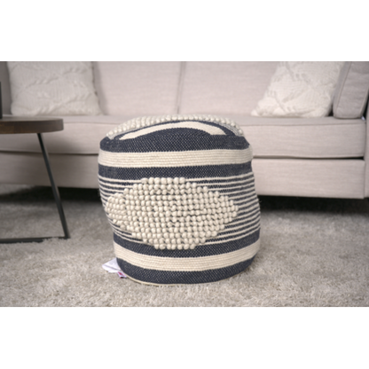 Beige & Dark Grey Cylindrical Handcrafted Ottoman Pouf, Wool Cotton Blend Foot Stool for Living Room