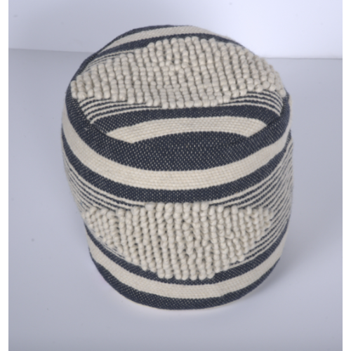 Beige & Dark Grey Cylindrical Handcrafted Ottoman Pouf, Wool Cotton Blend Foot Stool for Living Room