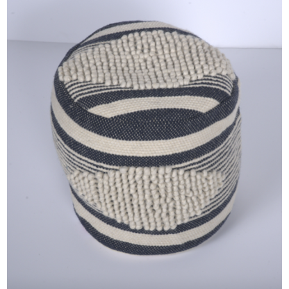 Beige & Dark Grey Cylindrical Handcrafted Ottoman Pouf, Wool Cotton Blend Foot Stool for Living Room
