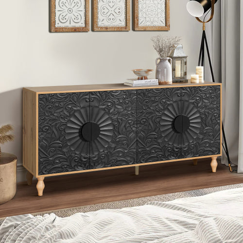 Black Carved Symmetrical Door TV Stand Wood Frame Storage Cabinet for Living Room Entryway