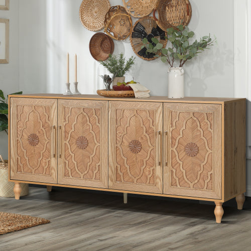 Natural Wood Carved Flower Door Large Storage Cabinet Metal Handle Household Multi-Scene Practical Sideboard Cabinet
