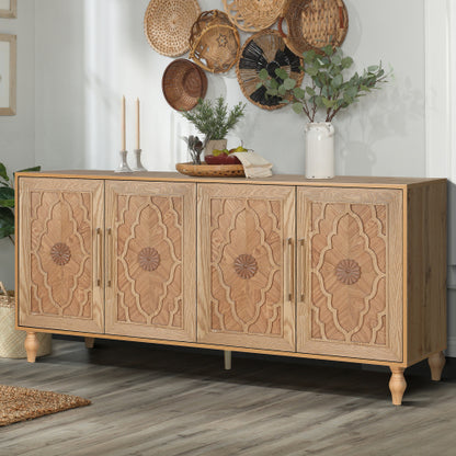 Natural Wood Carved Flower Door Large Storage Cabinet Metal Handle Household Multi-Scene Practical Sideboard Cabinet