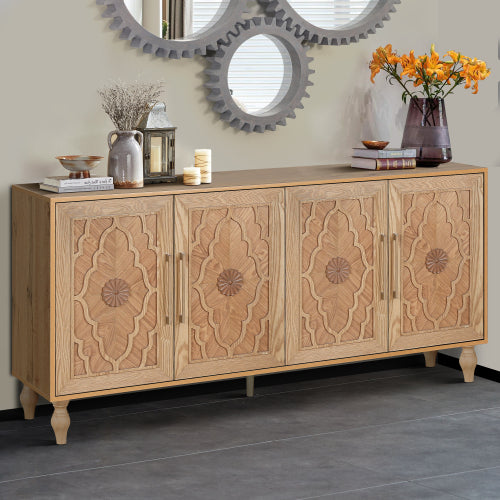 Natural Wood Carved Flower Door Large Storage Cabinet Metal Handle Household Multi-Scene Practical Sideboard Cabinet