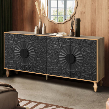 Black Carved Symmetrical Door TV Stand Wood Frame Storage Cabinet for Living Room Entryway