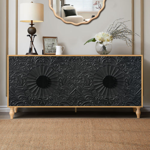 Black Carved Symmetrical Door TV Stand Wood Frame Storage Cabinet for Living Room Entryway
