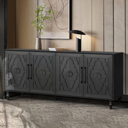 Black Carved Flower Door Storage Cabinet Metal Handle Large Hall Console TV Stand