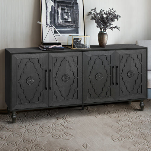 Black Carved Flower Door Storage Cabinet Metal Handle Large Hall Console TV Stand