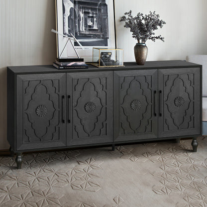 Black Carved Flower Door Storage Cabinet Metal Handle Large Hall Console TV Stand