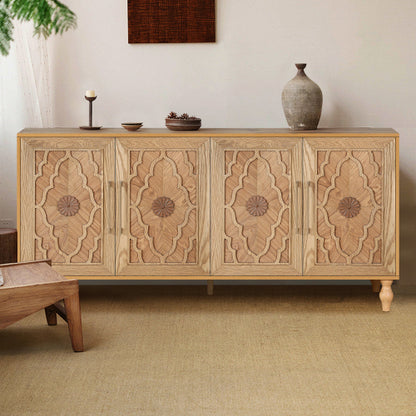 Natural Wood Carved Flower Door Large Storage Cabinet Metal Handle Household Multi-Scene Practical Sideboard Cabinet