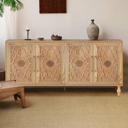 Natural Wood Carved Flower Door Large Storage Cabinet Metal Handle Household Multi-Scene Practical Sideboard Cabinet