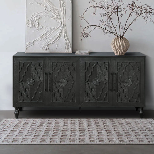 Black Carved Flower Door Storage Cabinet Metal Handle Large Hall Console TV Stand