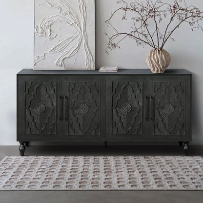 Black Carved Flower Door Storage Cabinet Metal Handle Large Hall Console TV Stand