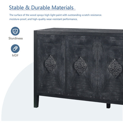 Carved Flower Door Handle Antique Four Door Cabinet for Living Room Kitchen Hallway (Black)