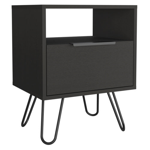 Black Nightstand with Cabinet, Open Shelf & Hairpin Legs, 22inchH