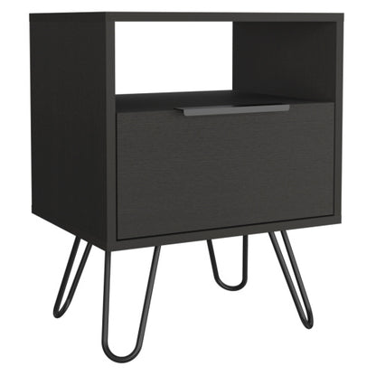 Black Nightstand with Cabinet, Open Shelf & Hairpin Legs, 22inchH