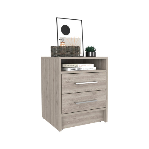Light Gray 2-Drawer Nightstand with Open Shelf & Metal Handles, 19.9inchH