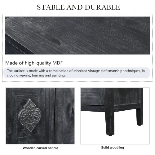 Carved Flower Door Handle Antique Four Door Cabinet for Living Room Kitchen Hallway (Black)