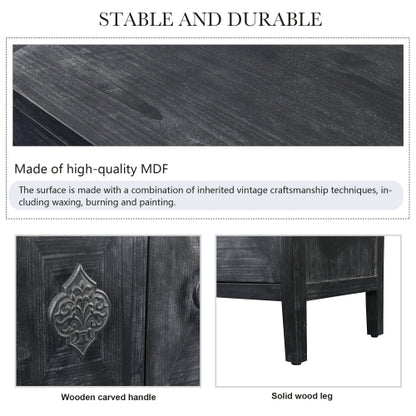 Carved Flower Door Handle Antique Four Door Cabinet for Living Room Kitchen Hallway (Black)